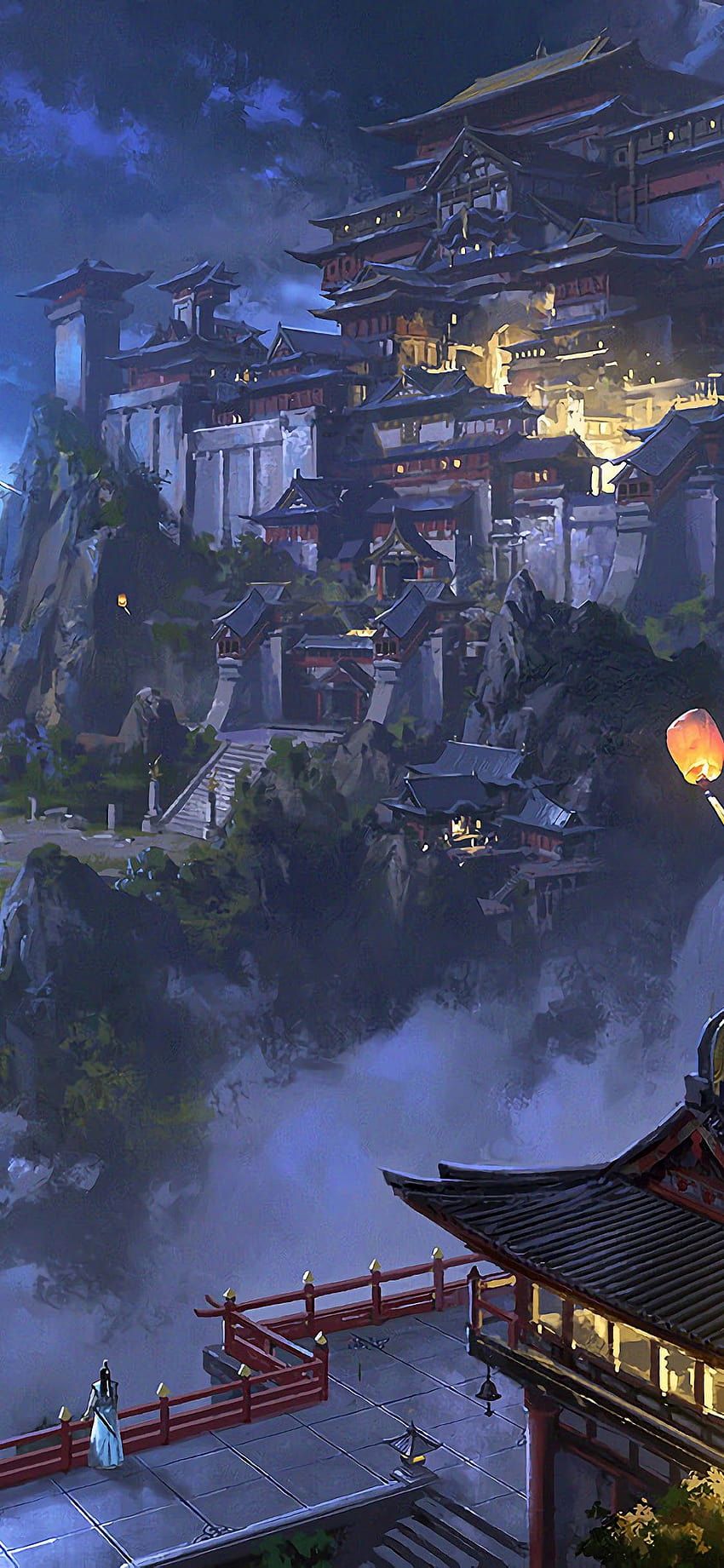 Аниме Sky Lantern Mountain Japanese Castle Night Scenery, аниме японски HD тапет за телефон