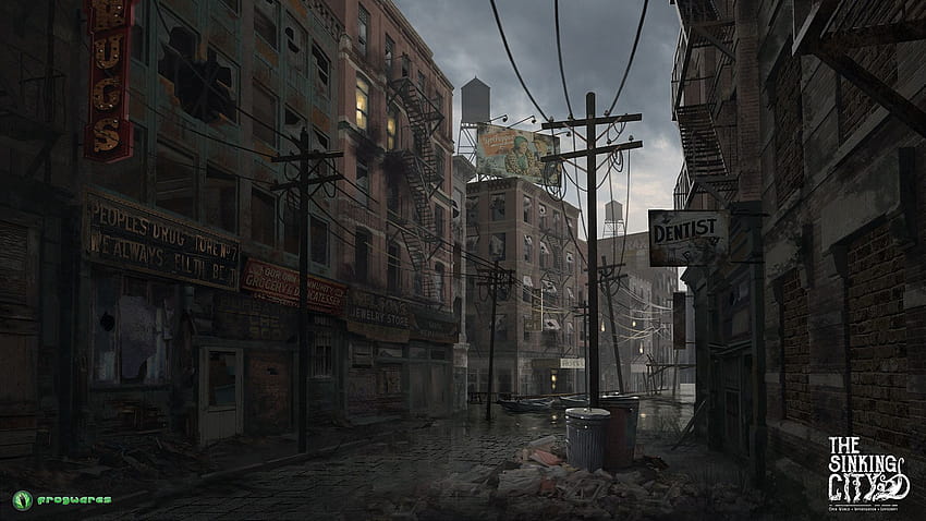 Abandoned street from The Sinking City, abandoned city HD wallpaper