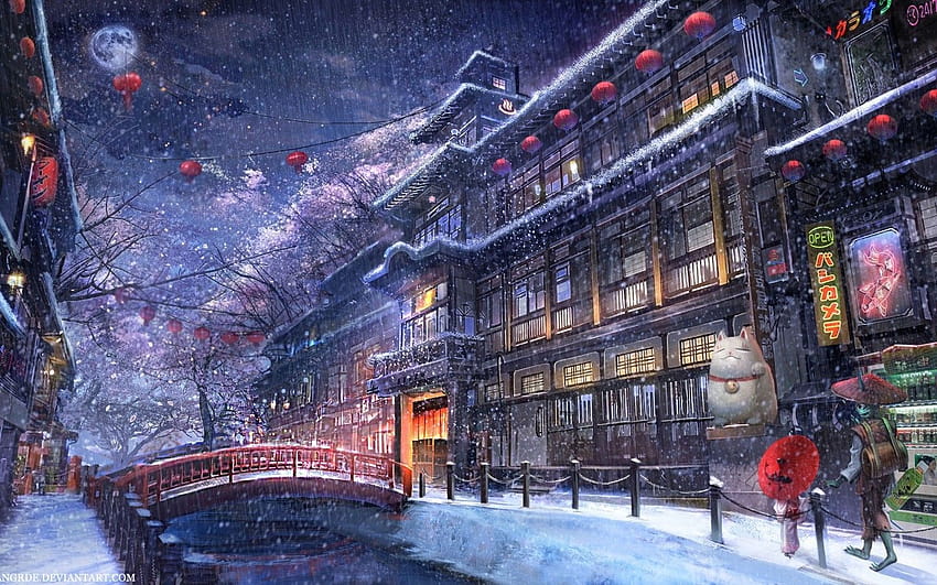 1440x900 Anime Traditional City, Raining, Snow, Moon, People, River สำหรับ MacBook Pro 15 นิ้ว, MacBook Air 13 นิ้ว, หิมะตก วอลล์เปเปอร์ HD
