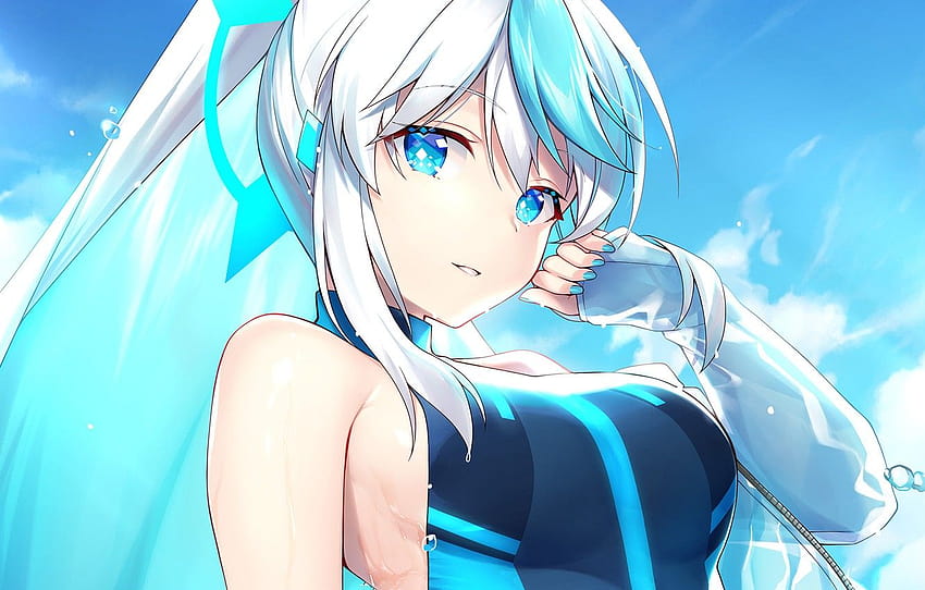 gadis, mata biru, baju renang, biru langit, rambut putih, cantik, bagian арт, langit putih anime Wallpaper HD