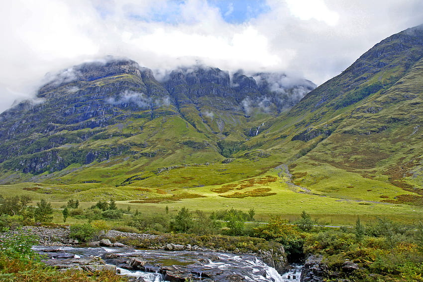 : cloud, mountains, river, Scotland, highlands, day, cloudy, glen, glencoe, blinkagain 5000x3333 HD wallpaper