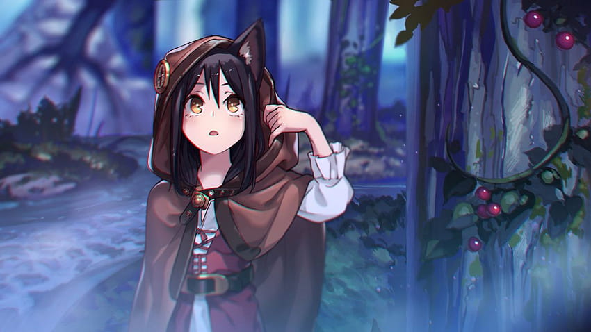 Animal ears black hair brown eyes hoodie kento1202 leaves night original tree, anime girl black hair HD wallpaper