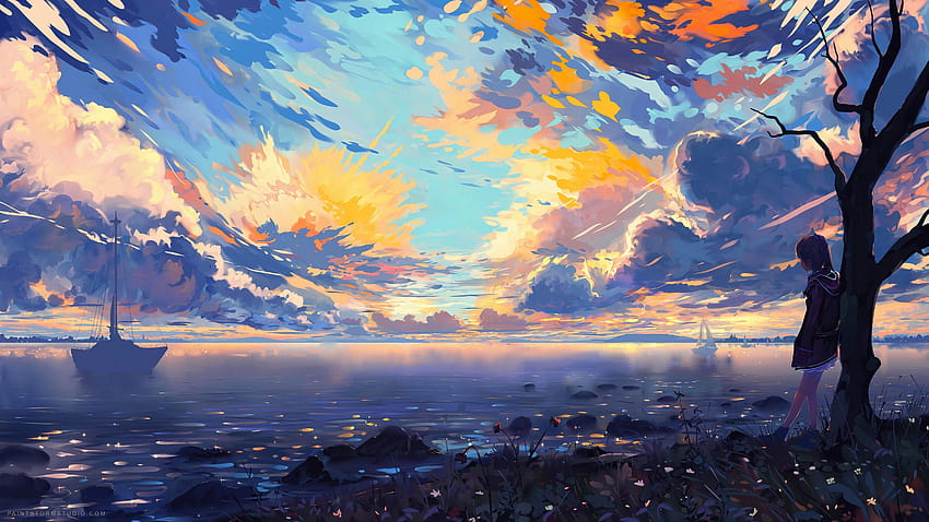 5120x2880 Anime Landscape, Sea, Ships, Colorful, Clouds HD wallpaper
