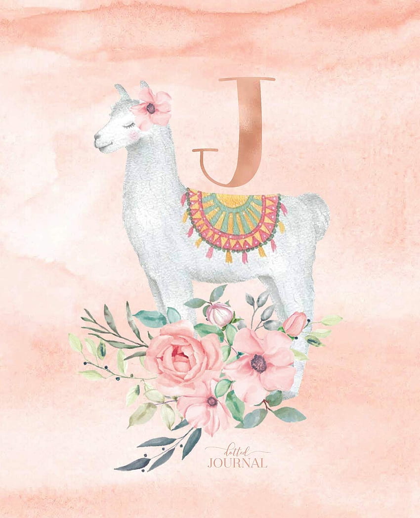 Dotted Journal: Dotted Grid Bullet Notatnik Lama Alpaka Monogram w kolorze różowego złota Litera J z różowymi kwiatami, różowa lama Tapeta na telefon HD