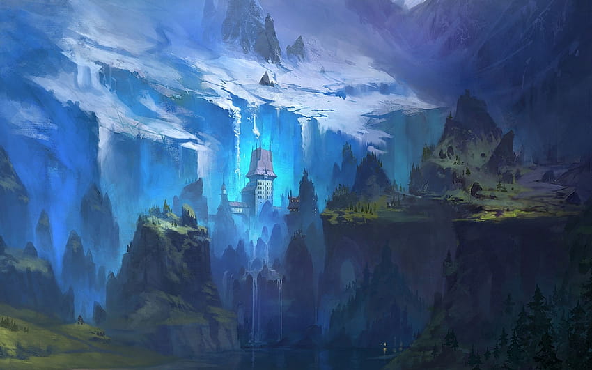 2560x1600 lodowoniebieski przyroda drzewa wieża fantasy art artwork 2310x1444 wallpap… Tapeta HD
