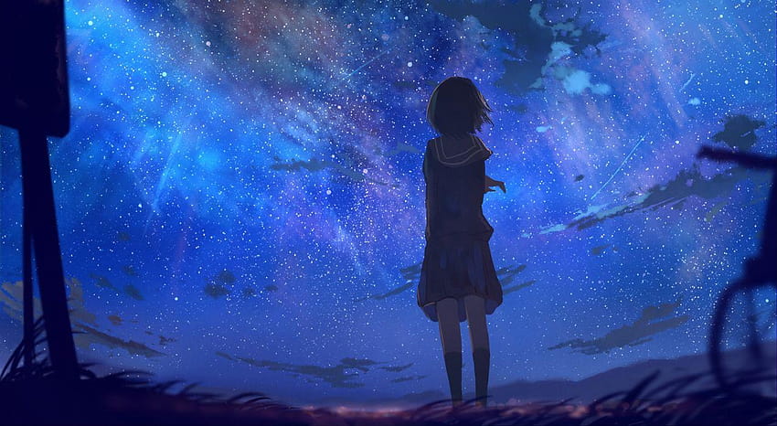Anime Short Hair In School Uniform Looking Away At Stars, school anime ...