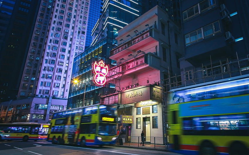 1440x900 Hongkong, Stadt, Wolkenkratzer, Nacht, Zeitraffer, Licht, Bewegung, Bus, Geschäfte für MacBook Pro 15 Zoll, MacBook Air 13 Zoll, Hongkong-Bus HD-Hintergrundbild
