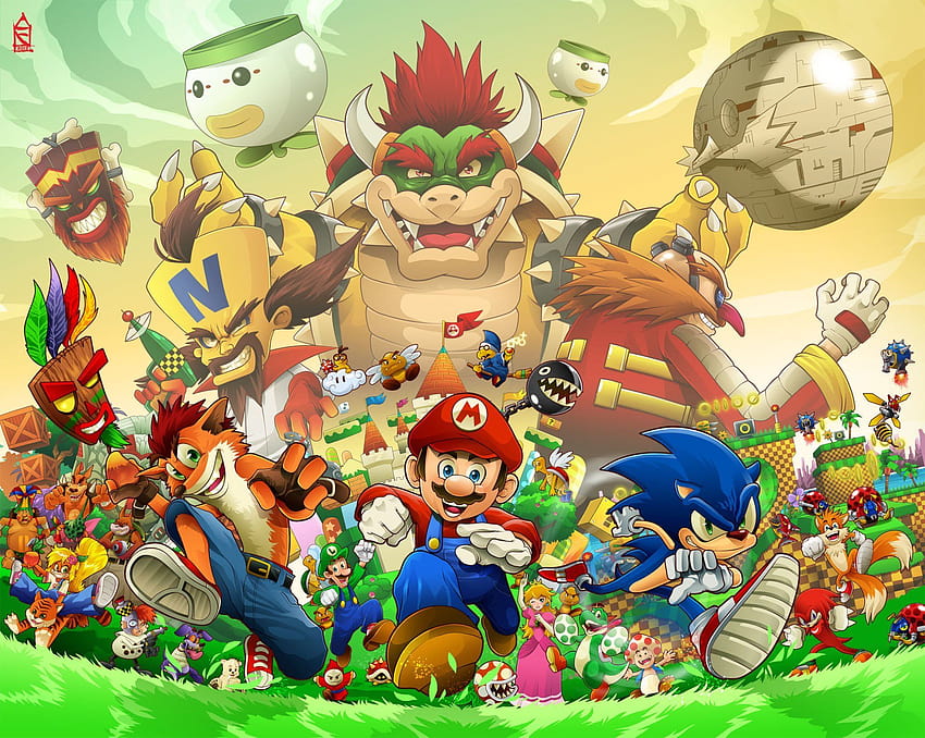 Videospiel Crossover Bowser Mario Sega Nintendo Sony Sonic the Hedgehog Super Mario Bros Crash B…, Sonic Mario Retro HD-Hintergrundbild
