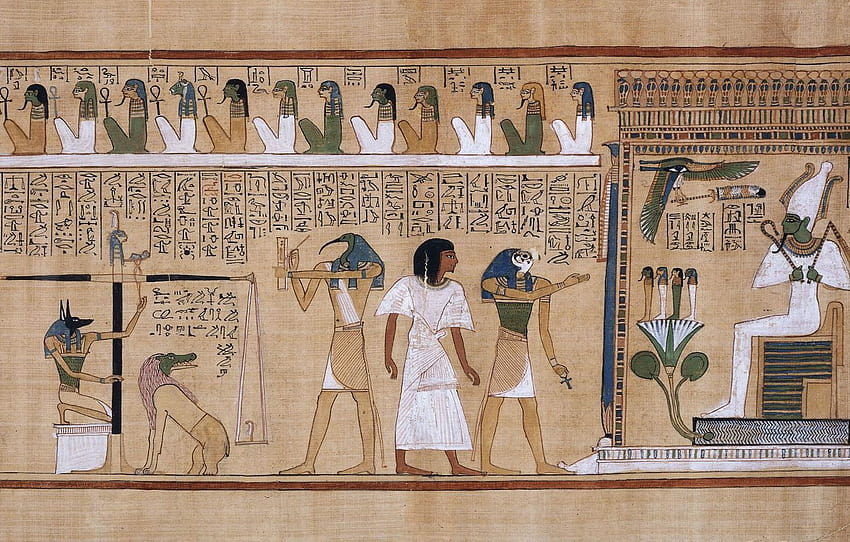 dibujo, escritura, pergamino, jeroglíficos, Antiguo Egipto, juicio de los muertos en presencia de Osiris, sección разное, jeroglíficos del antiguo Egipto fondo de pantalla