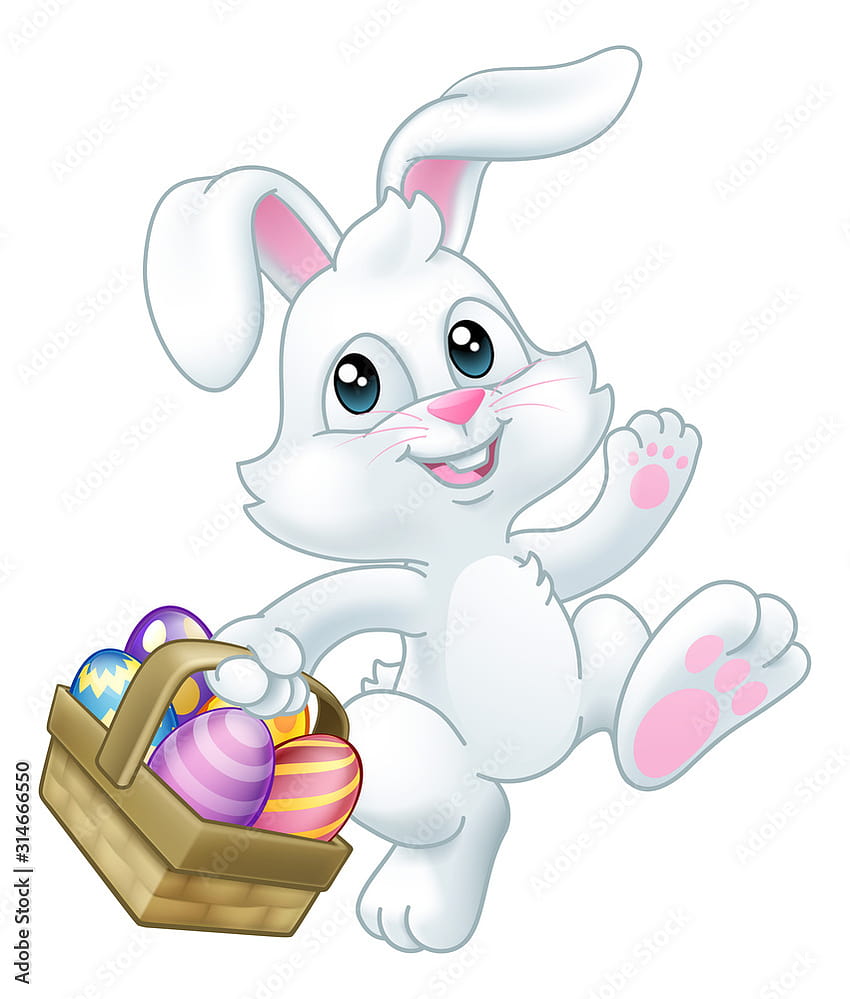 Personnage de dessin animé de lapin de Pâques lapin tenant un panier plein d'oeufs de Pâques peints vectorielle, dessin animé de lapin de Pâques Fond d'écran de téléphone HD