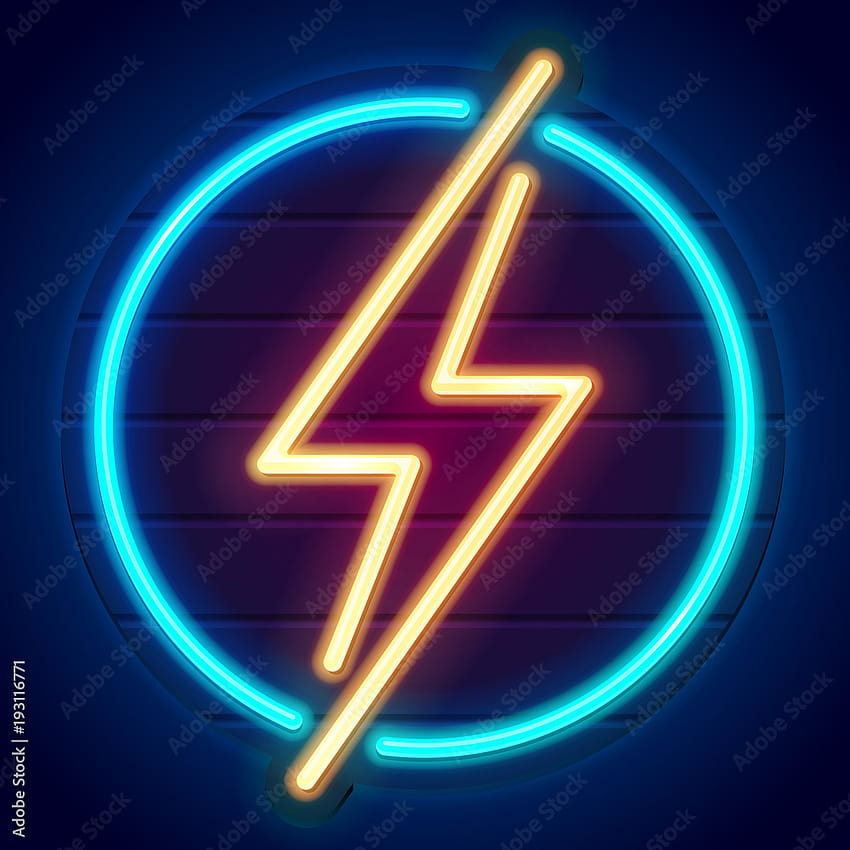 Neon thunderbolt on a signboard. Logo on dark background. Yellow lightning bolt in blue circle. Eps10 vector Stock Vector, blue lightning bolt HD phone wallpaper