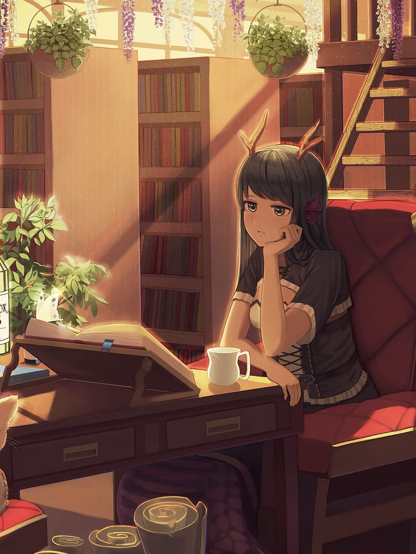 Anime Girl, Hörner, Neko, Zimmer, Bücher, Bibliothek, Studieren, Studienmädchen HD-Handy-Hintergrundbild