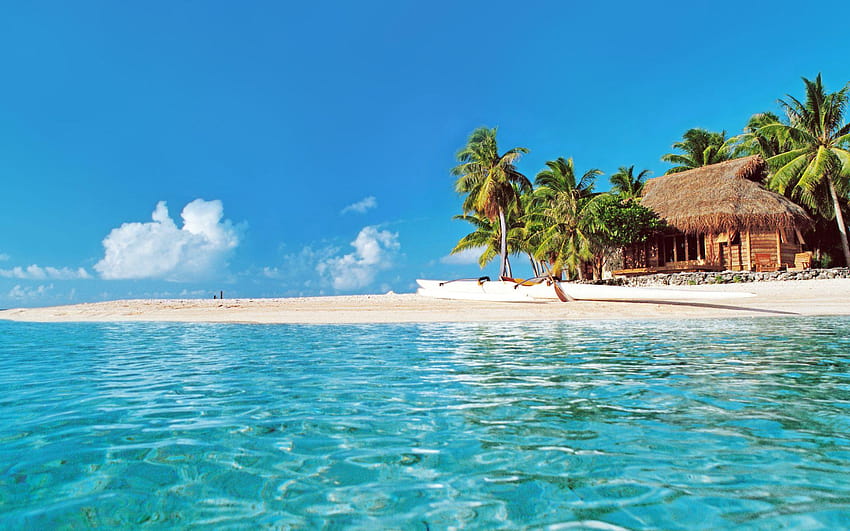 Cabane sur la plage tropicale pleine et arrière-plans Fond d'écran HD