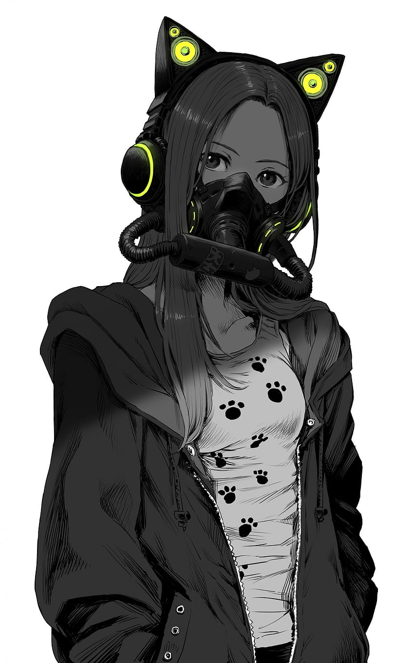 アニメの女の子, マスク, ジャケット, 白黒, マンガスタイル, アニメの女の子のジャケット HD電話の壁紙