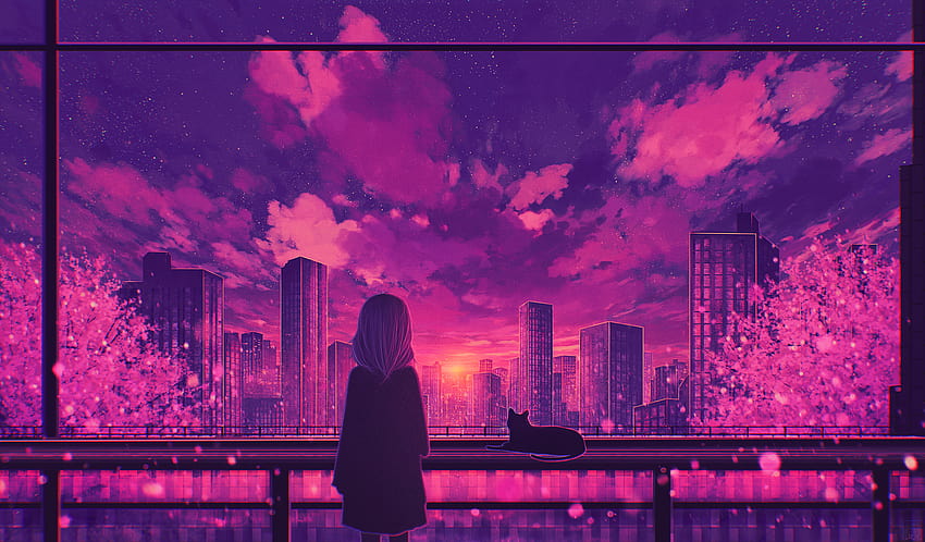 Anime Meninas de anime Nuvens Cidade Estrelas Pôr do sol Cabelo na altura dos ombros Árvores Cerca Fundos roxos Buildi, cidade de anime roxa papel de parede HD