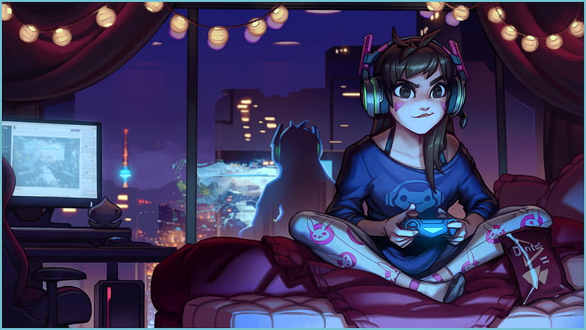 かわいいゲーマー ガール、紫と青のゲームの美学 高画質の壁紙