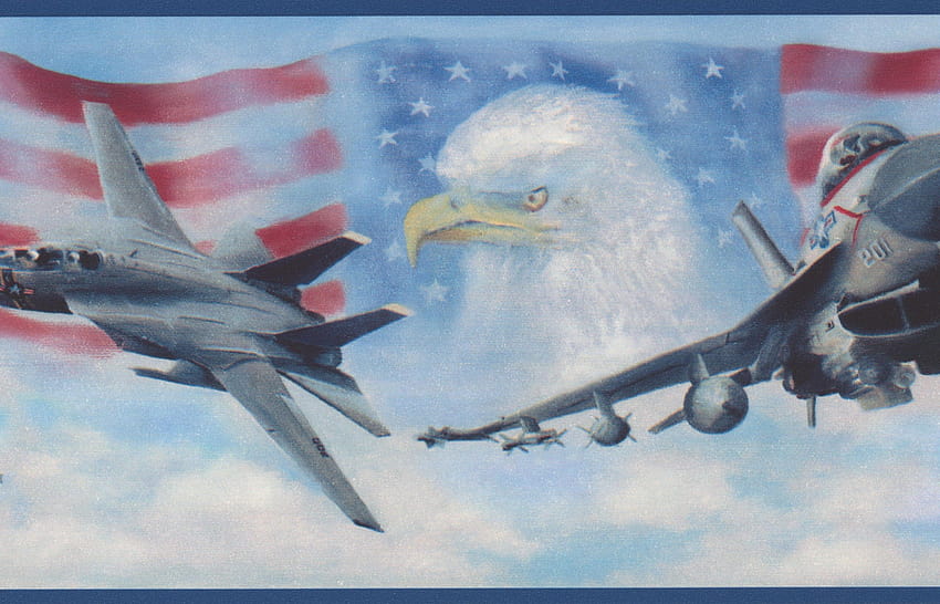 USA Air Force Jet Fighters American Flag Bald Eagle Patriotic Border Retro Design, Roll 15' x 7'' HD wallpaper