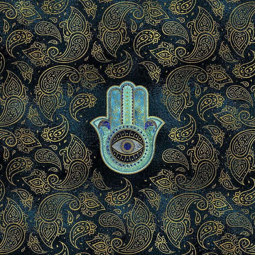 ペイズリー柄の背景を持つ装飾的なハムサの手 デジタル アート by, ahisma hand HD電話の壁紙