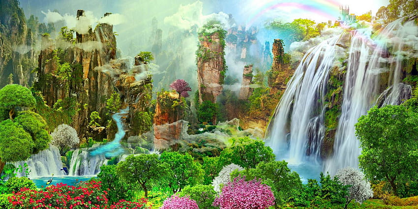 Beautiful flower park with a waterfall HD wallpaper