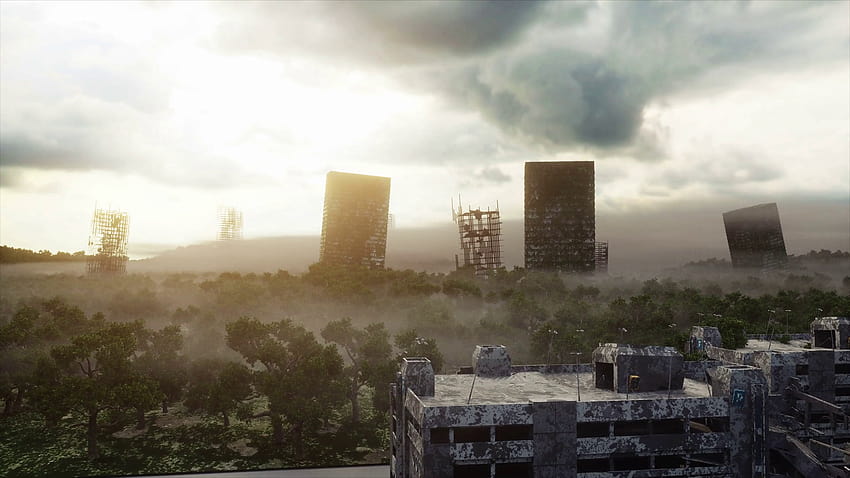 Apocalypse City In Fog, zerstörtes Gebäude HD-Hintergrundbild