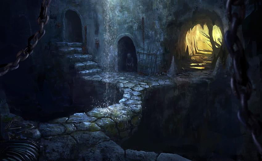 artwork, fantasy art, dark, cave, tunnel, dungeon, creepy, dark cave HD wallpaper