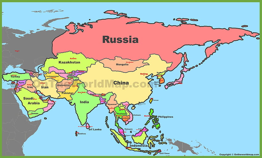 Mapa Azji z krajami i stolicami Tapeta HD
