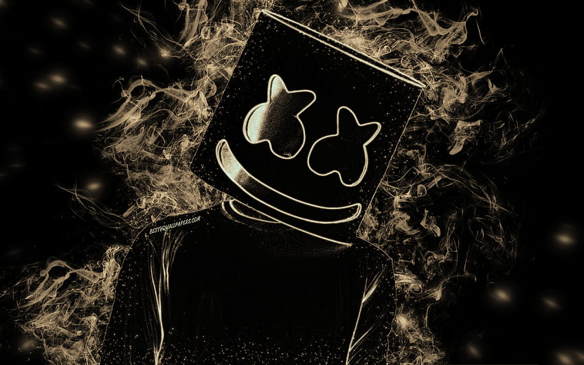 DJ Marshmello, chapéu, American DJ, fundo preto, fumaça colorida, silhueta, Marshmello com resolução 3840x2400. Alta qualidade, dj preto papel de parede HD