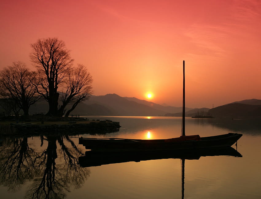 Of Boat, Lake, Silhouette, South Korea, Sunrise, sunrise over the lake HD wallpaper
