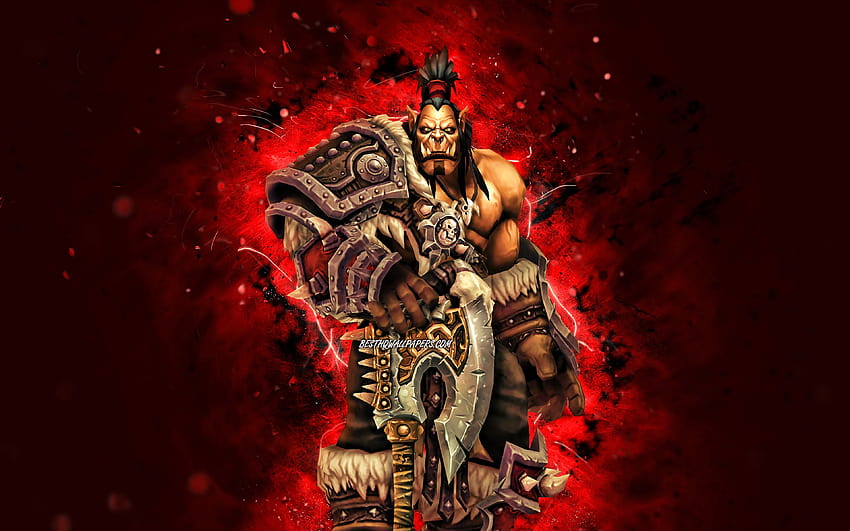 Grommash Hellscream, 붉은 네온 불빛, World of Warcraft, Grom, WoW, monstr, World of Warcraft Shadowlands, Grommash Hellscream World of Warcraft 해상도 3840x2400. 고품질 HD 월페이퍼