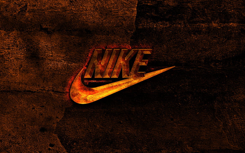 Nike fiery logo, orange stone background, Nike, creative, Nike logo, brands with resolution 2560x1600. High Quality, orange nike HD wallpaper