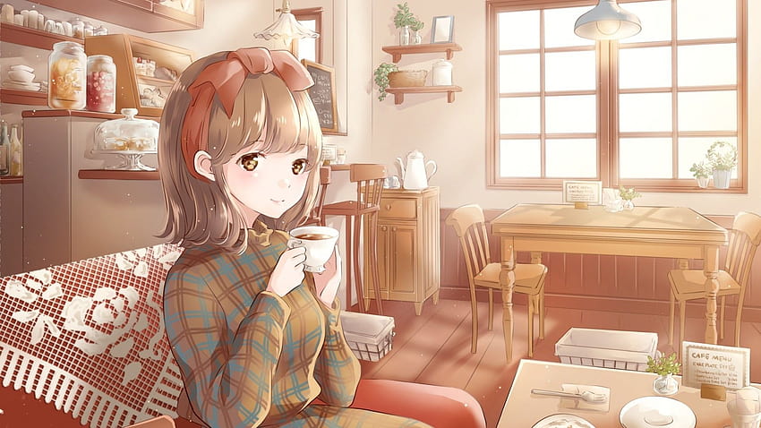 1920x1080 Anime Girl, Cozy Coffee Shop, Drinks, Smiling, anime girl drinking coffee HD wallpaper