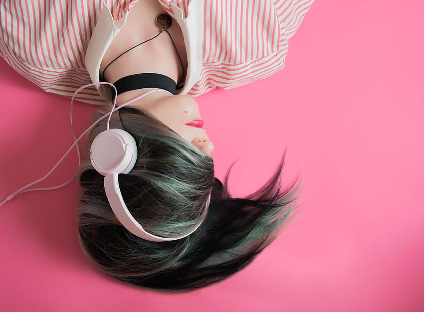 Woman Headphones Pink Backgrounds Stock, background woman HD wallpaper