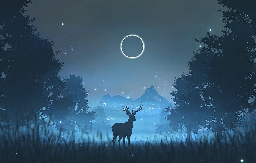 Nuit, Arbres, La lune, Forêt, Silhouette, Cervidés, deer forest trees Fond d'écran HD