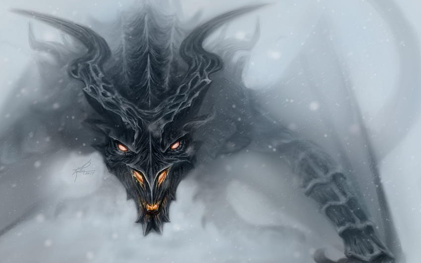 배경 Skyrim Dragon Alduin Fog Art Game, 스카이림 레드 드래곤 HD 월페이퍼