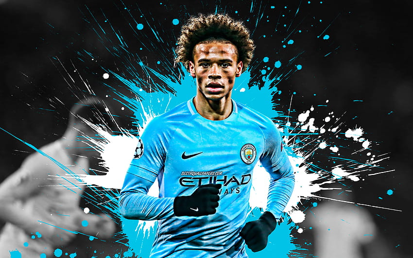 Leroy Sane, blue and white blots, german footballers, Manchester City FC, soccer, Sane, midfielder, Premier League, Man City, footballers, grunge with resolution 3840x2400. High Quality HD wallpaper