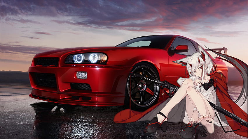 JDM Skyline R34 Anime Mädchen, Anime jdm Autos HD-Hintergrundbild