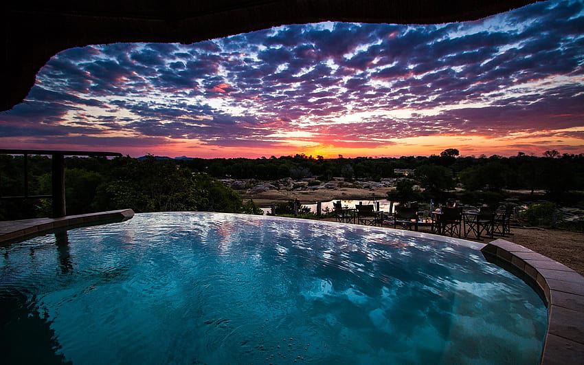 Sunset Pool Clouds, infinity pool sunset HD wallpaper