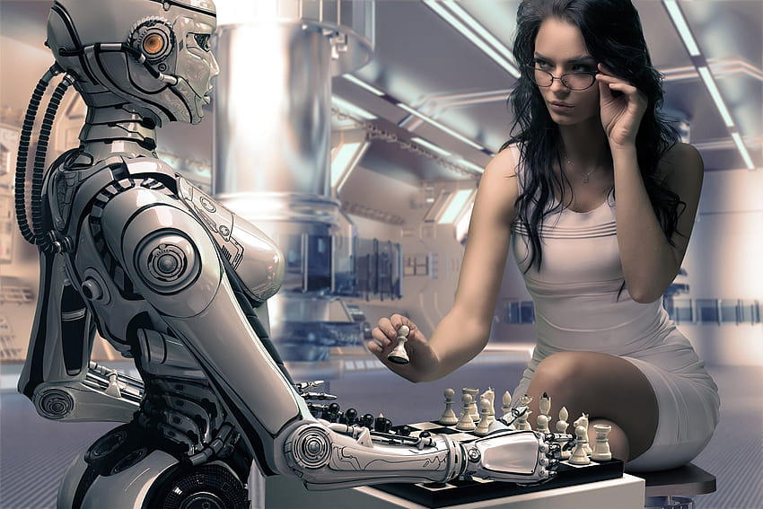 robot, Girl, Chess, Rendering / and Mobile Backgrounds, women chess HD wallpaper