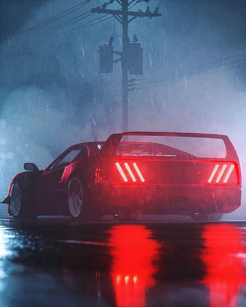 Ferrari viper coche rojo bajo la lluvia diseño futurista genial arte digital superar synthwave, estética de autos deportivos fondo de pantalla del teléfono