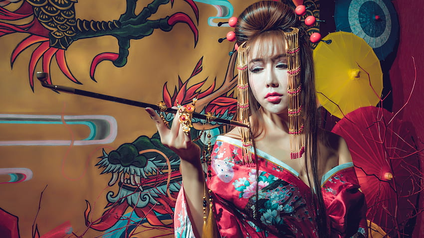 Ragazza giapponese, kimono, fumo, ombrello, ombrello da donna giapponese Sfondo HD