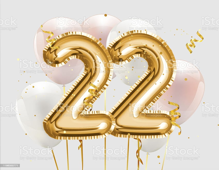 Happy 22th Birtay Gold Foil Balloon Greeting Backgrounds 22 Years Anniversary Logo Template 22th Celebrating With Confetti Stock, number 22 HD wallpaper