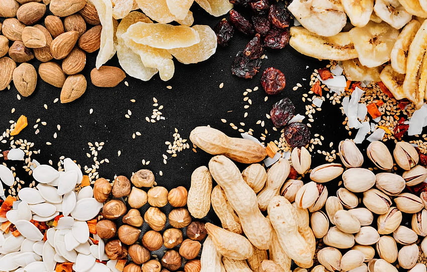 black background, nuts, banana, almonds, hazelnuts, peanuts, pistachios, candied, cashews, pumpkin seeds , section еда, black seed HD wallpaper