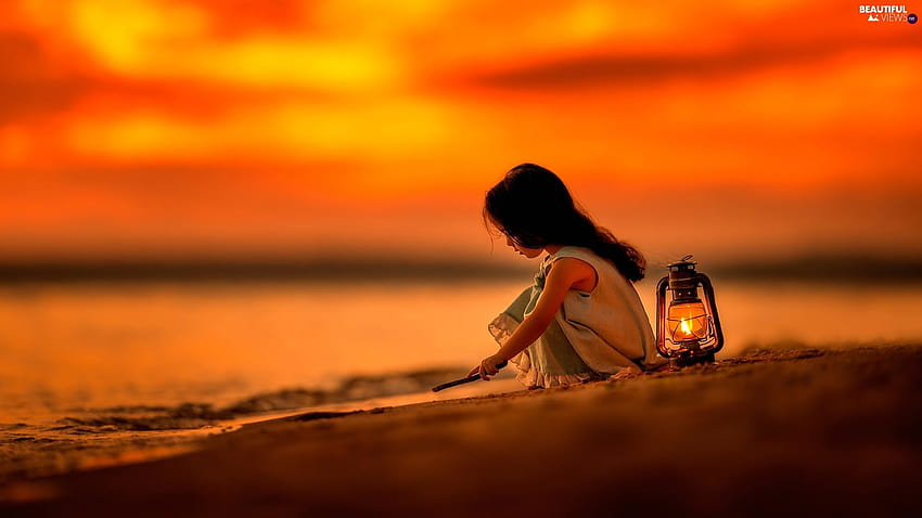 Great Sunsets, girl, lantern, girl with lantern HD wallpaper