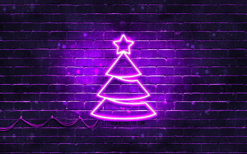 Sapin de Noël au néon violet, mur de brique violet, Concept de bonne année, Sapin de Noël violet, Arbres de Noël, Arbres de Noël avec une résolution de 3840x2400. Haute qualité, Noël néon Fond d'écran HD