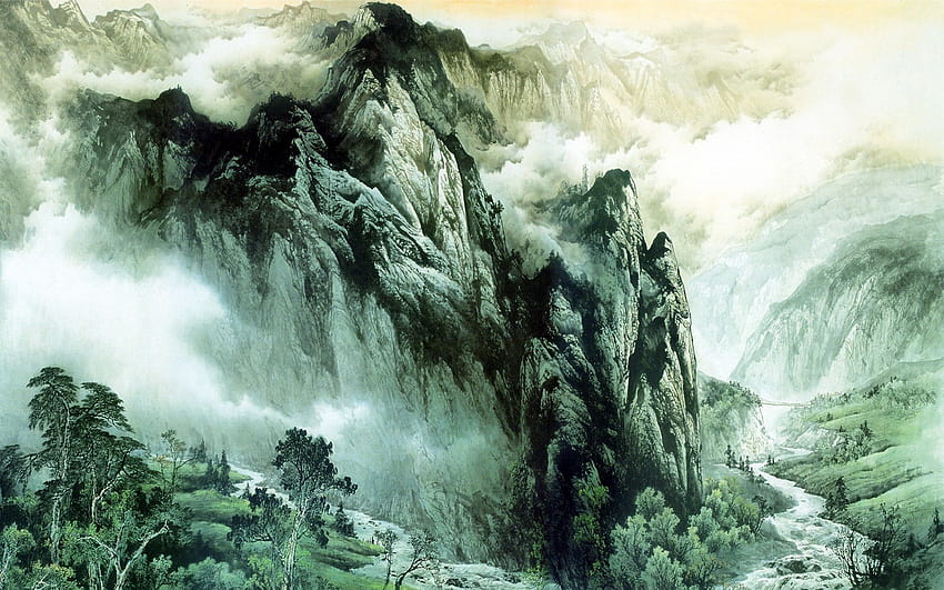 Chinese ink painting mountains and rivers HD wallpaper