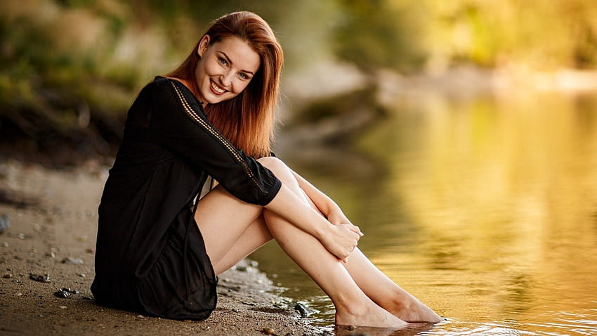 1920x1080 Redhead, Smiling, Sitting, Water, Model, Women, Long Hair ...