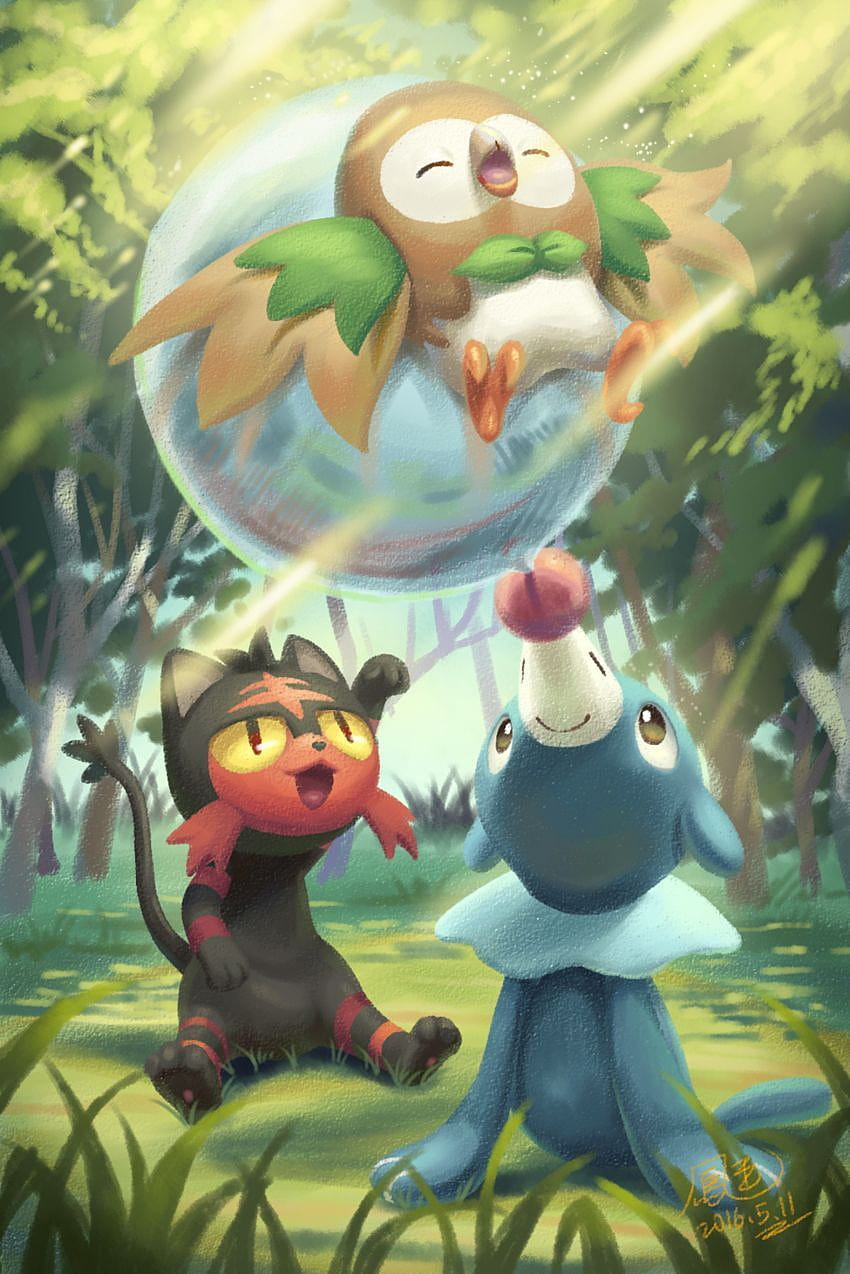 Litten, Popplio play with Rowlet, rowlet android HD phone wallpaper