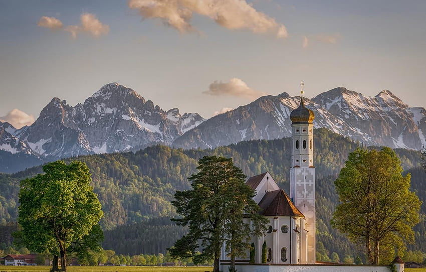 árboles, montañas, Alemania, Bayern, Alpes, Iglesia, iglesia alpes fondo de pantalla