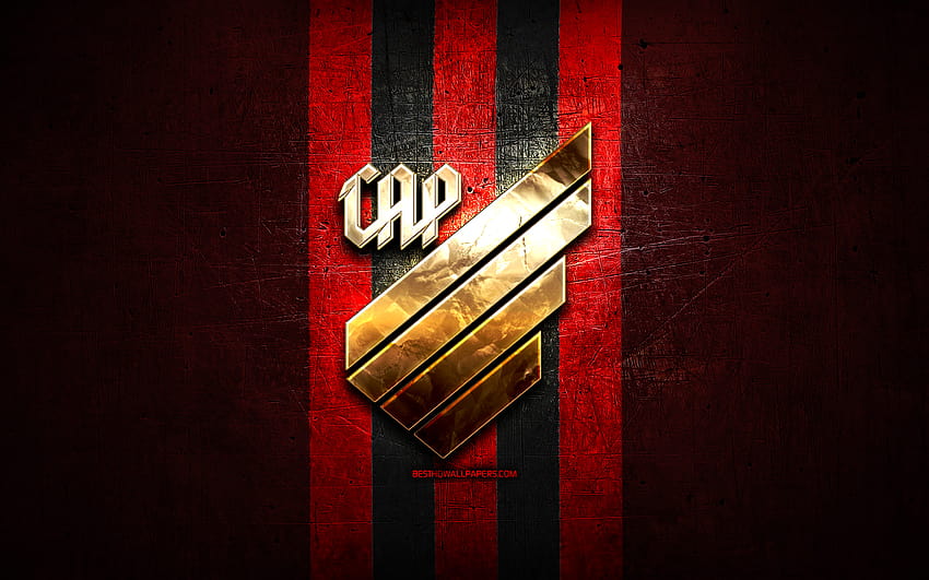 Atletico Paranaense FC, nowe logo, Serie A, czerwone metalowe tło, piłka nożna, CA Paranaense, brazylijski klub piłkarski, WPR, złote logo, logo Atletico Paranaense, piłka nożna, Brazylia, Athletico, atletico pr Tapeta HD