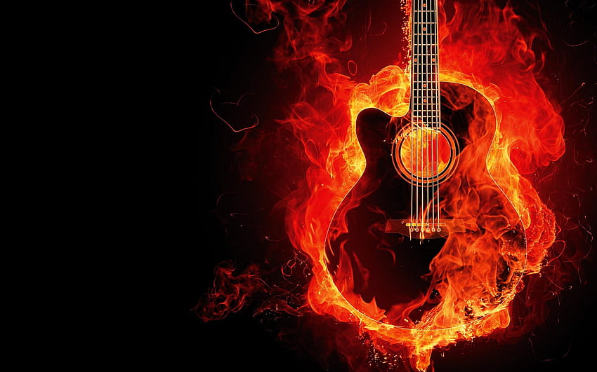 炎のギター、黒背景、楽器、火、黒/闇 高画質の壁紙